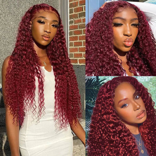 13*4 deep wave 99J Lace Front  Wigs 100% Virgin Human Hair