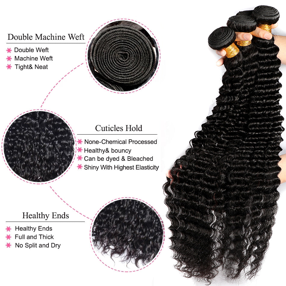 3 Bundles #natural deep wave Hair With 13x4 Lace Closure Hair