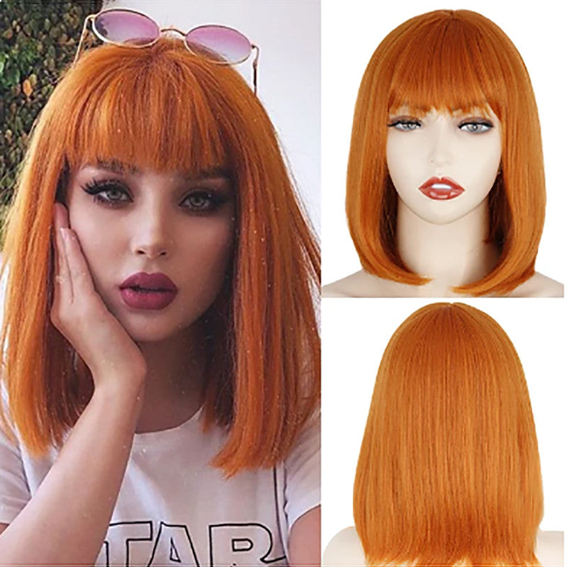 orange Machine Made Bob Wigs With Bangs head cover