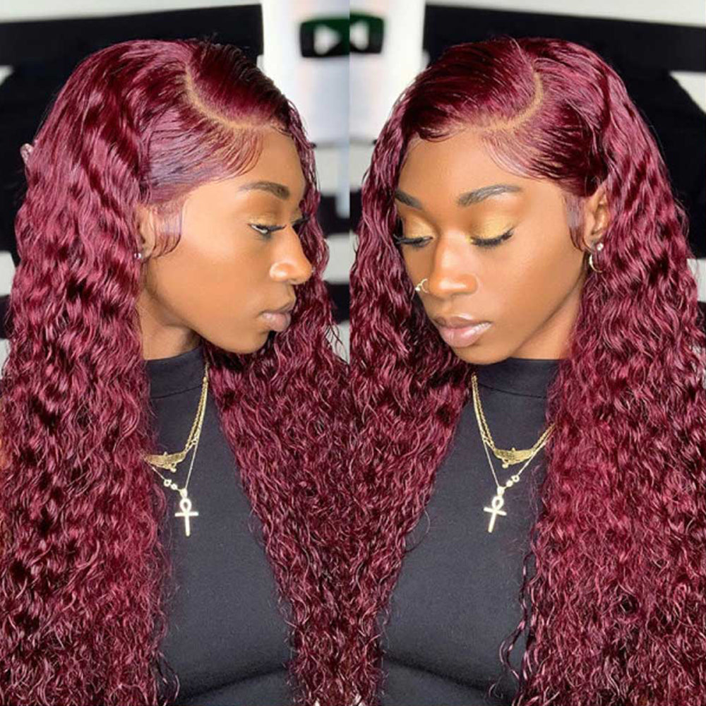 13*4 water wave 99J Lace Front  Wigs 100% Virgin Human Hair