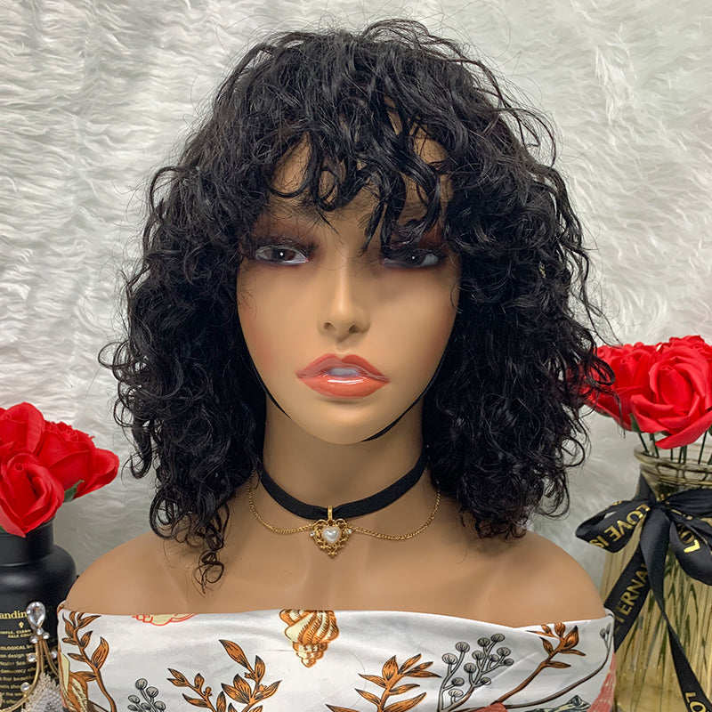 Bob  Wigs Short Machine Made Wavy Human Hair Wig No Lace Fringe Water Wave Curls Wig