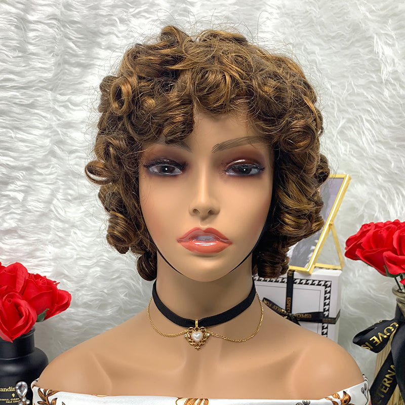 Rose Curly Super Double Drawn Wigs No Lace Burgundy Wig Machine Made Human Hair Pixie Cut Wig