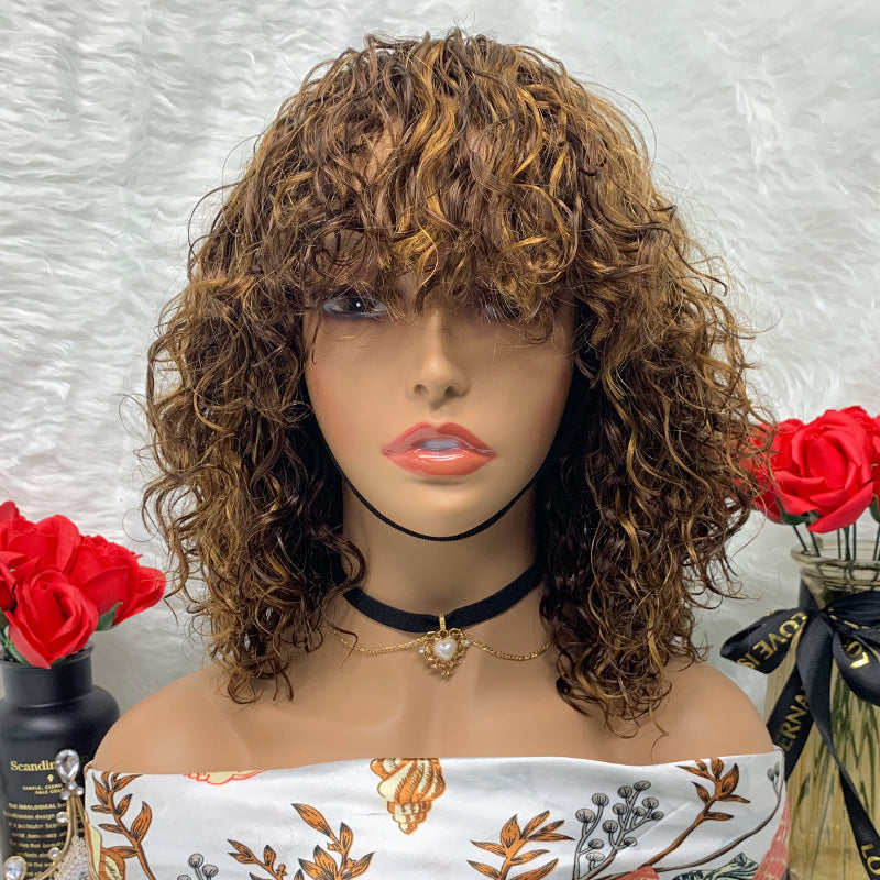 Bob  Wigs Short Machine Made Wavy Human Hair Wig No Lace Fringe Water Wave Curls Wig