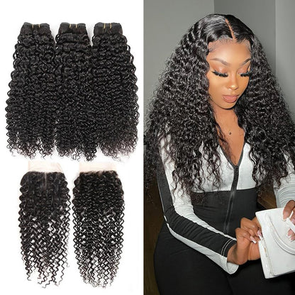 3 Bundles #natural kinky cruly Hair With 4x4 Lace Closure Hair