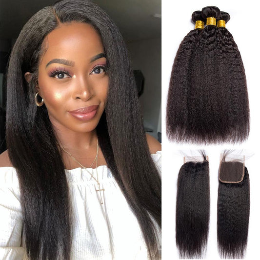 3 Bundles #natural kinky straight Hair With 4x4 Lace Closure Hair