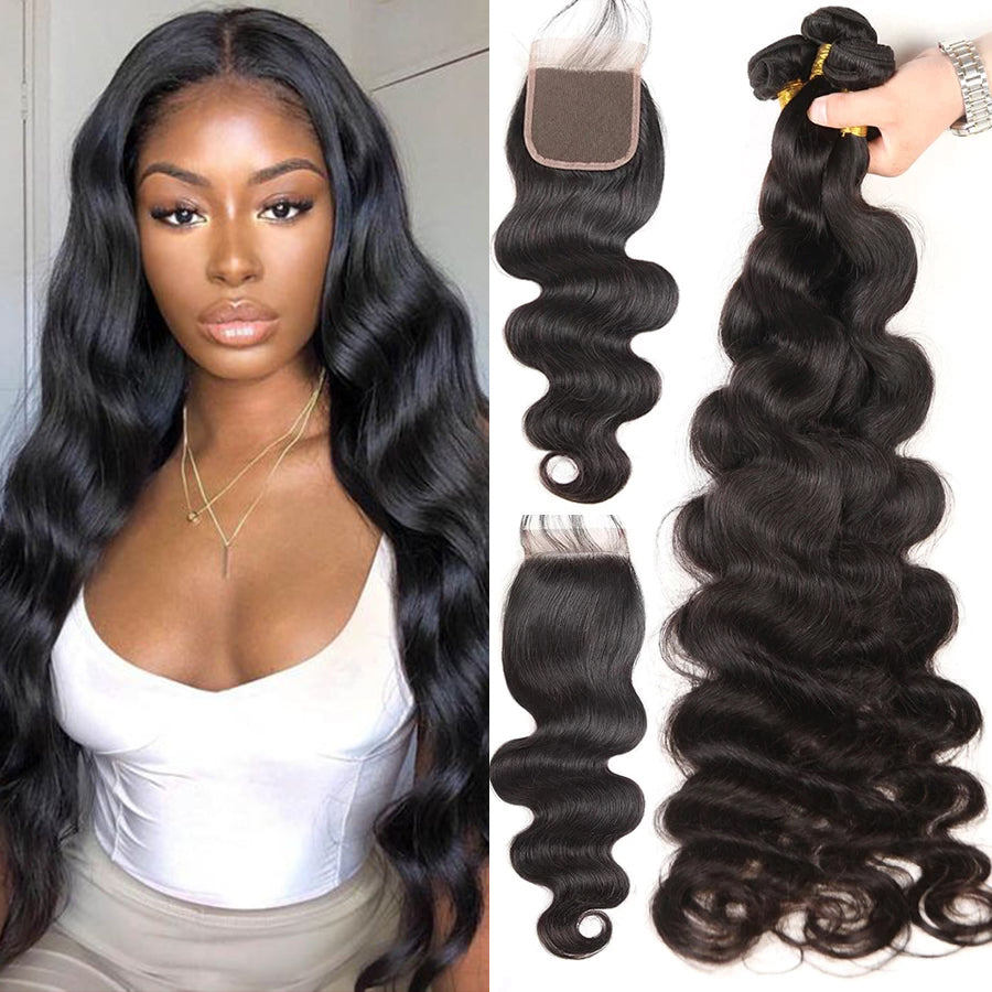 3 Bundles #natural body wave Hair With 4x4 Lace Closure Hair