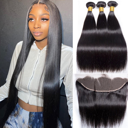 3 Bundles #natural straight Hair With 13x4 Lace Closure Hair