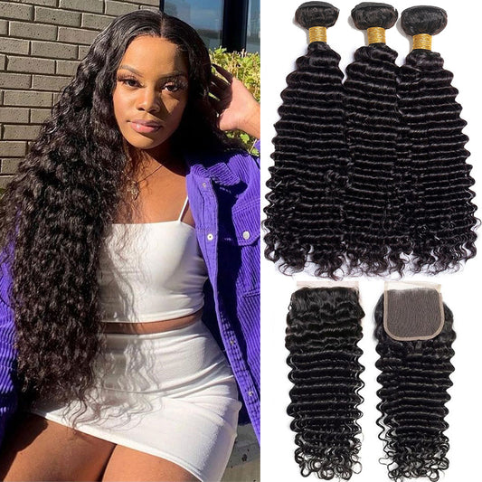 3 Bundles #natural deep wave Hair With 4x4 Lace Closure Hair