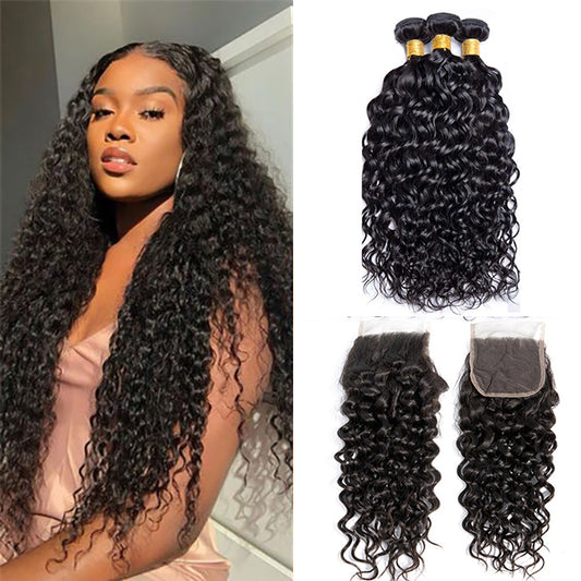 3 Bundles #natural water wave Hair With 4x4 Lace Closure Hair