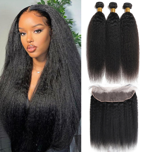 3 Bundles #natural kinky straight Hair With 13x4 Lace Closure Hair