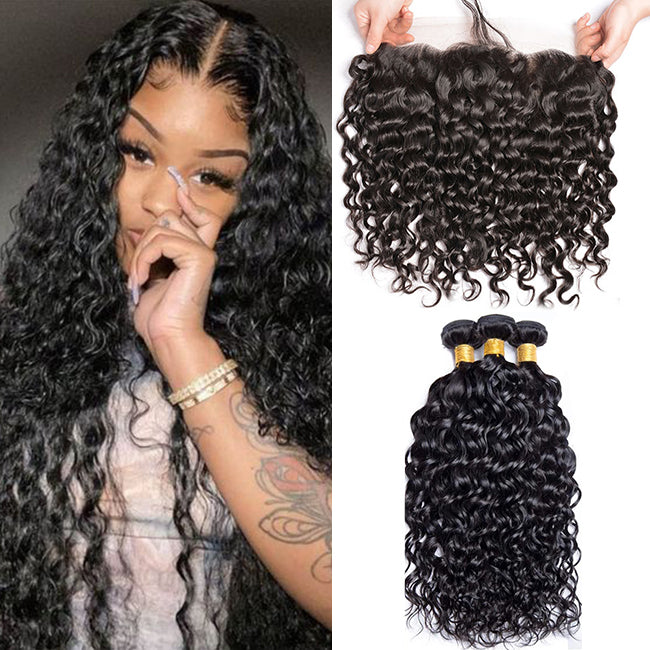 3 Bundles #natural water wave Hair With 13x4 Lace Closure Hair