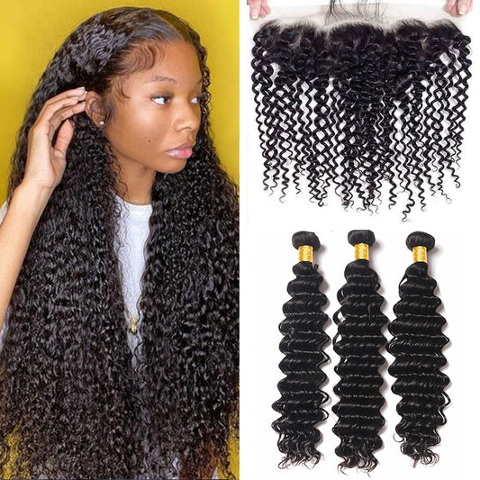 3 Bundles #natural deep wave Hair With 13x4 Lace Closure Hair