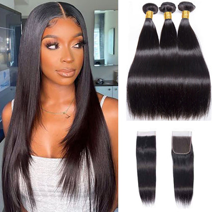 3 Bundles #natural straight Hair With 4x4 Lace Closure Hair