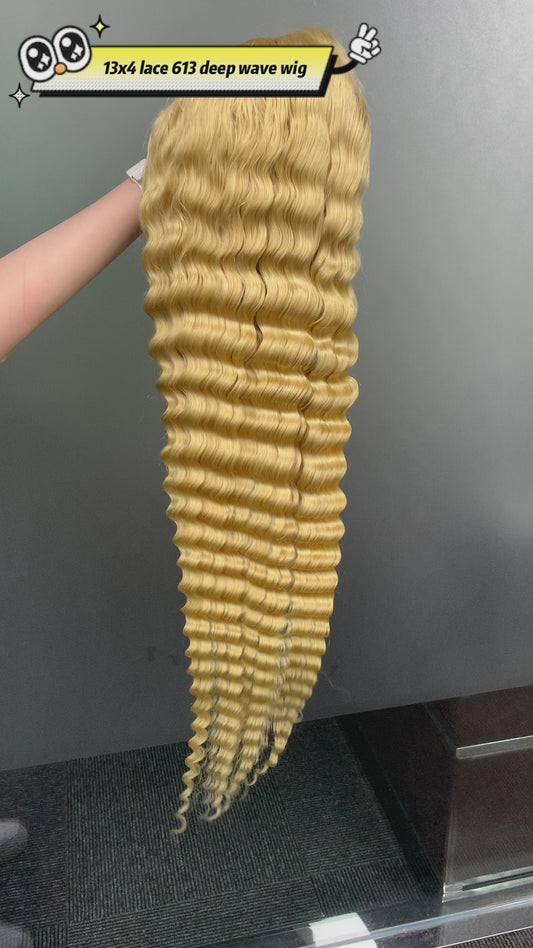 613 13*4 deep wave Blonde 100% Virgin Clear Lace Frontal Wig