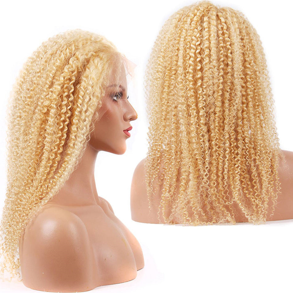 613 13*4 kinky-cruly Blonde 100% Virgin Clear Lace Frontal Wig