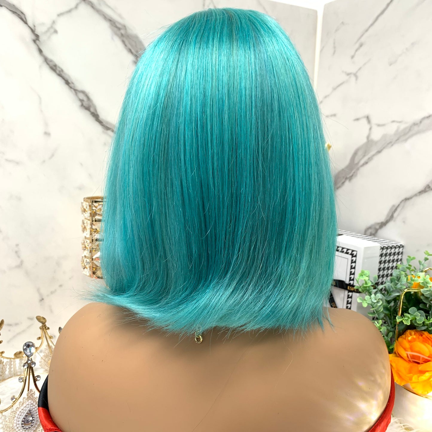 13x4   Lake Blue straight Virgin Colored Bob Lace Front Wig