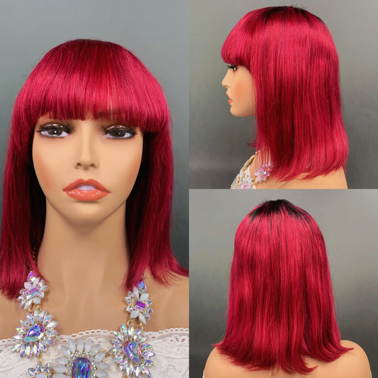 red Machine Made Bob Wigs With Bangs head cover