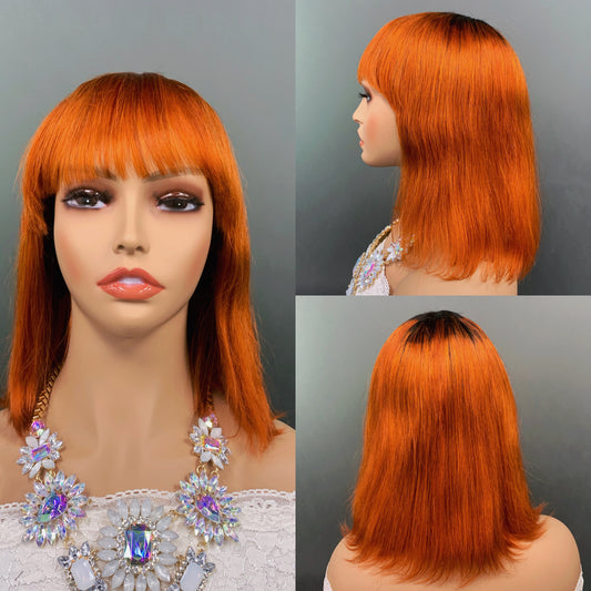 orange Machine Made Bob Wigs With Bangs head cover