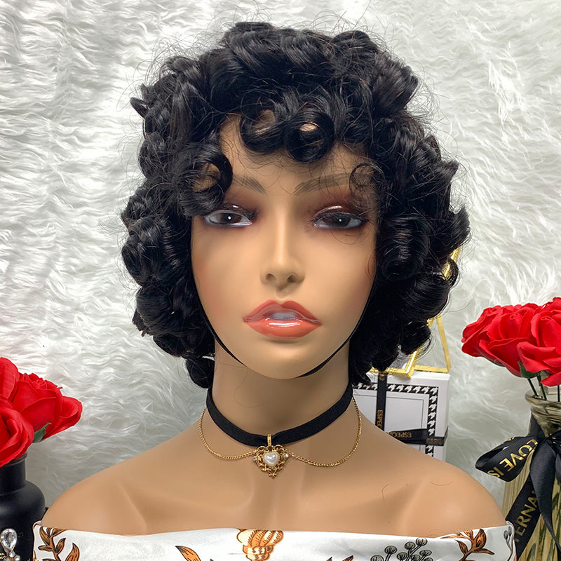 Rose Curly Super Double Drawn Wigs No Lace Burgundy Wig Machine Made Human Hair Pixie Cut Wig